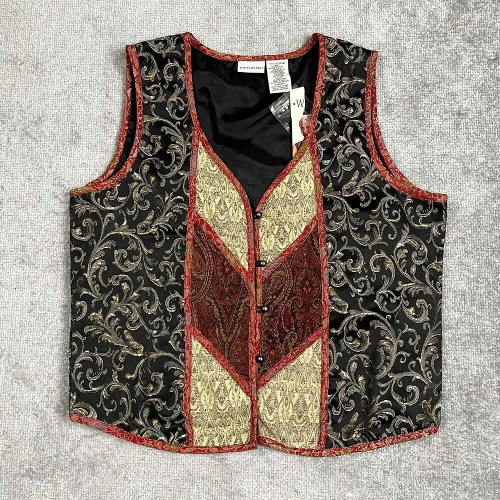 VTG Brocade Patchwork Paisley Boho Hippie Western Goth Whimsy Vest Womens L